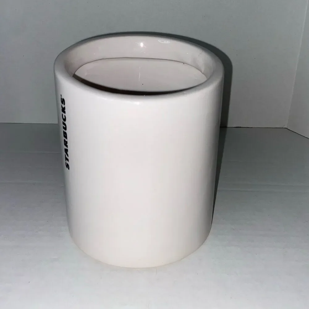 2012 STARBUCKS White Black Canister Ceramic Coffee Tea Sugar Utensil Holder 12oz